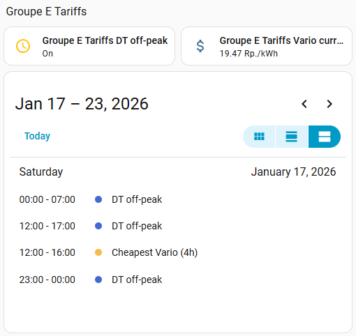 Calendrier Home Assistant listant les heures creuses et les quatre heures les moins chères de VARIO